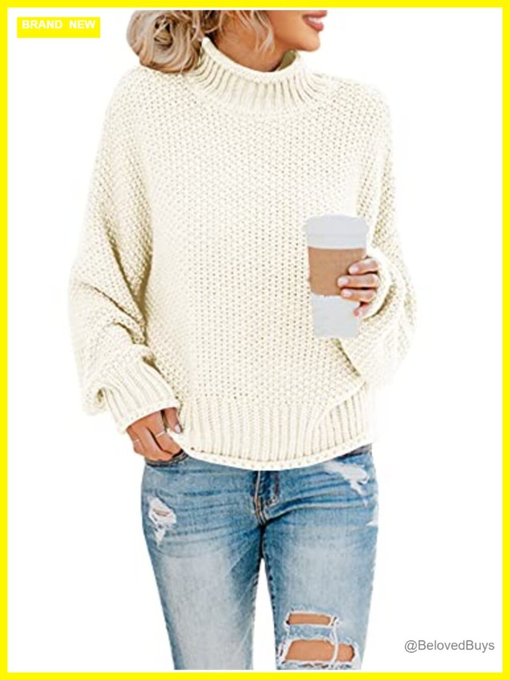 Womens Oversized Turtleneck Sweater Chunky Knit Batwing Pullover Loose